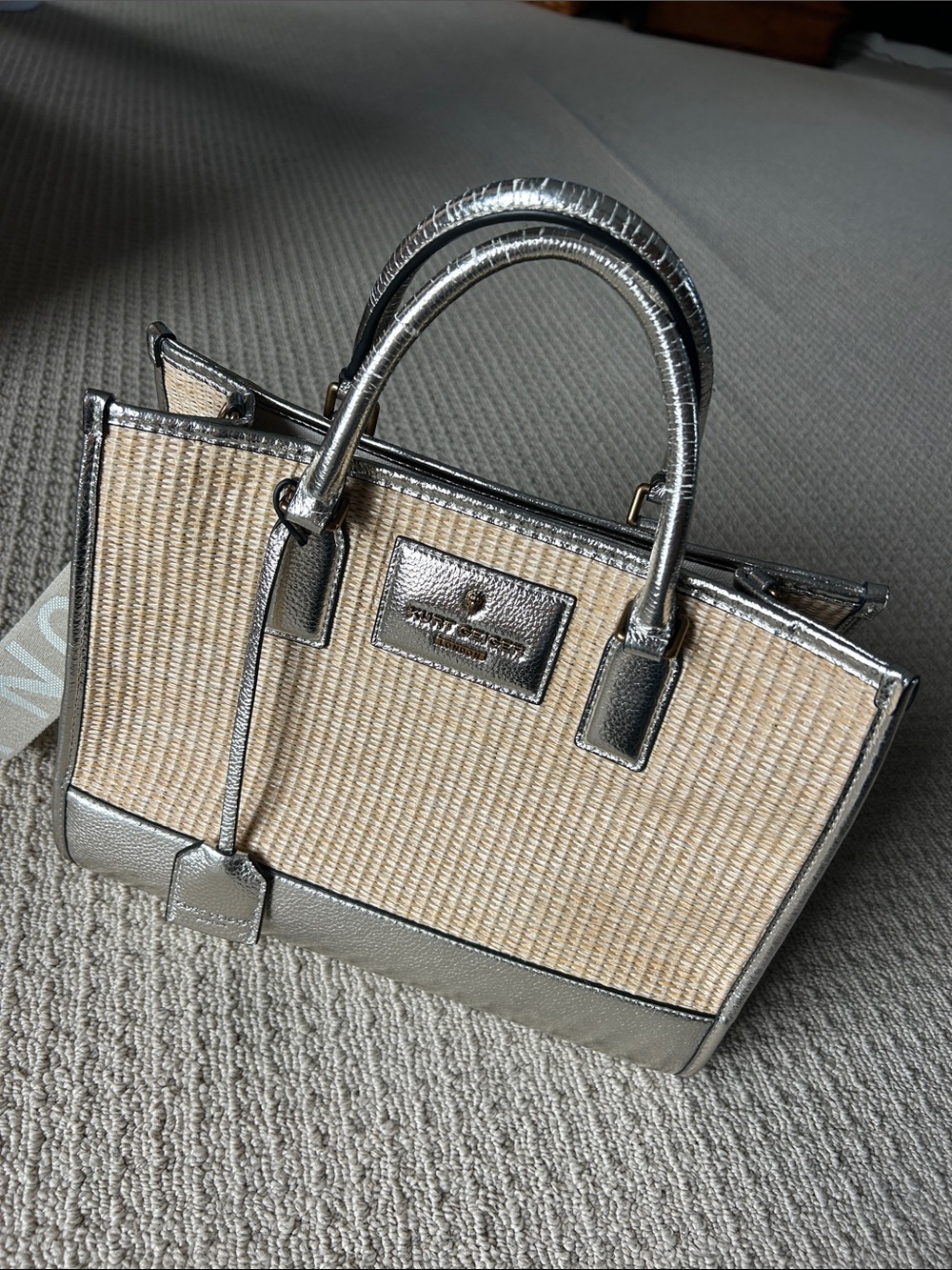 Kurt Geiger Tan Woven Satchel with Silver Metallic Trim and Branded Strap - Picture 6 of 8